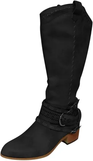 Women Vintage Western Riding Boots Knee High Zipper Boot Chunky Mid Heel Pointed Toe Booties Shoes Warm Boots