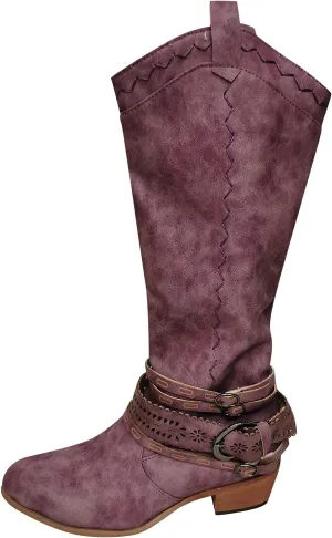 Women Vintage Western Riding Boots Knee High Zipper Boot Chunky Mid Heel Pointed Toe Booties Shoes Warm Boots