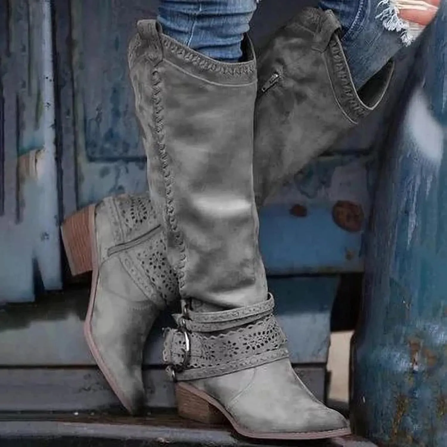 Women Vintage Western Riding Boots Knee High Zipper Boot Chunky Mid Heel Pointed Toe Booties Shoes Warm Boots
