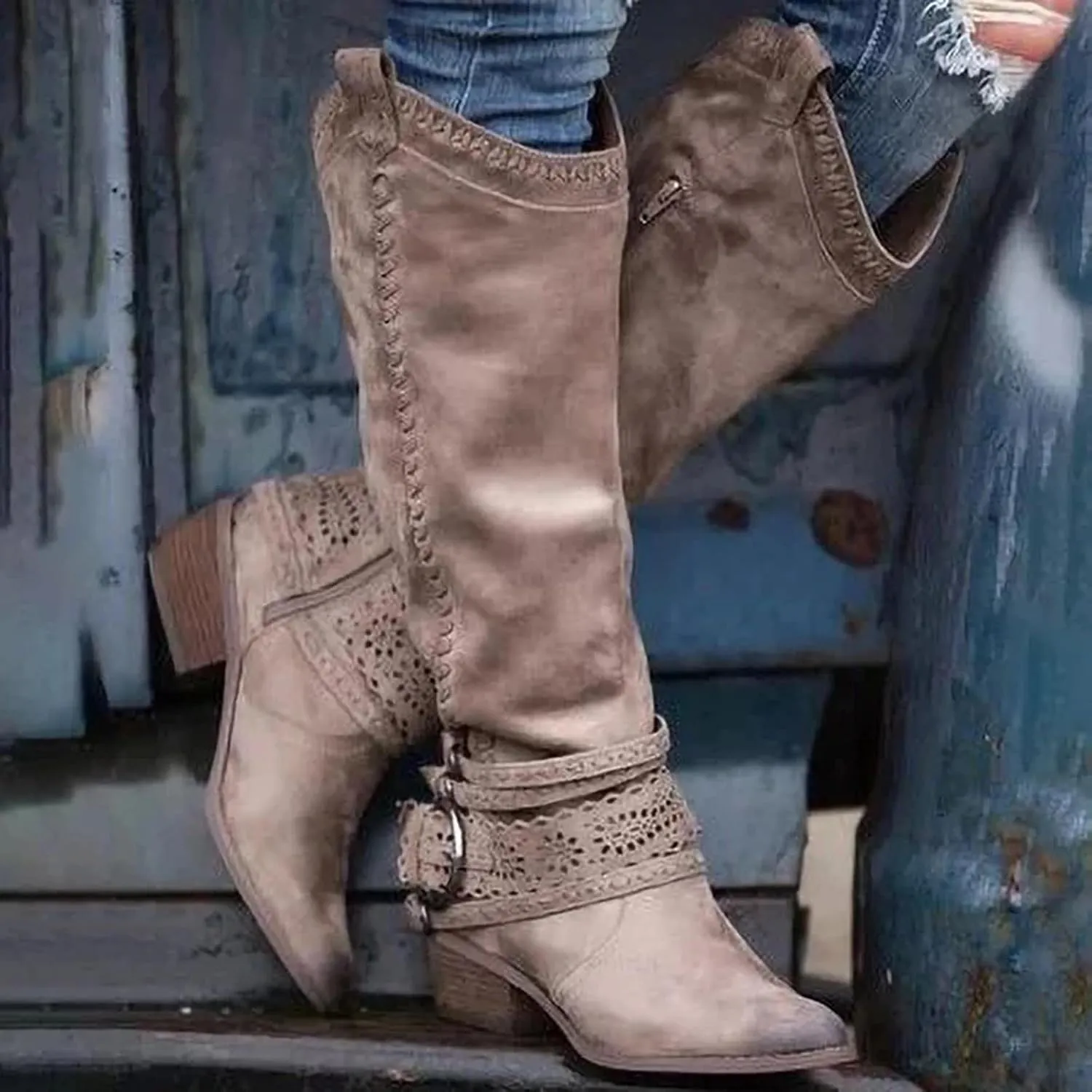 Women Vintage Western Riding Boots Knee High Zipper Boot Chunky Mid Heel Pointed Toe Booties Shoes Warm Boots