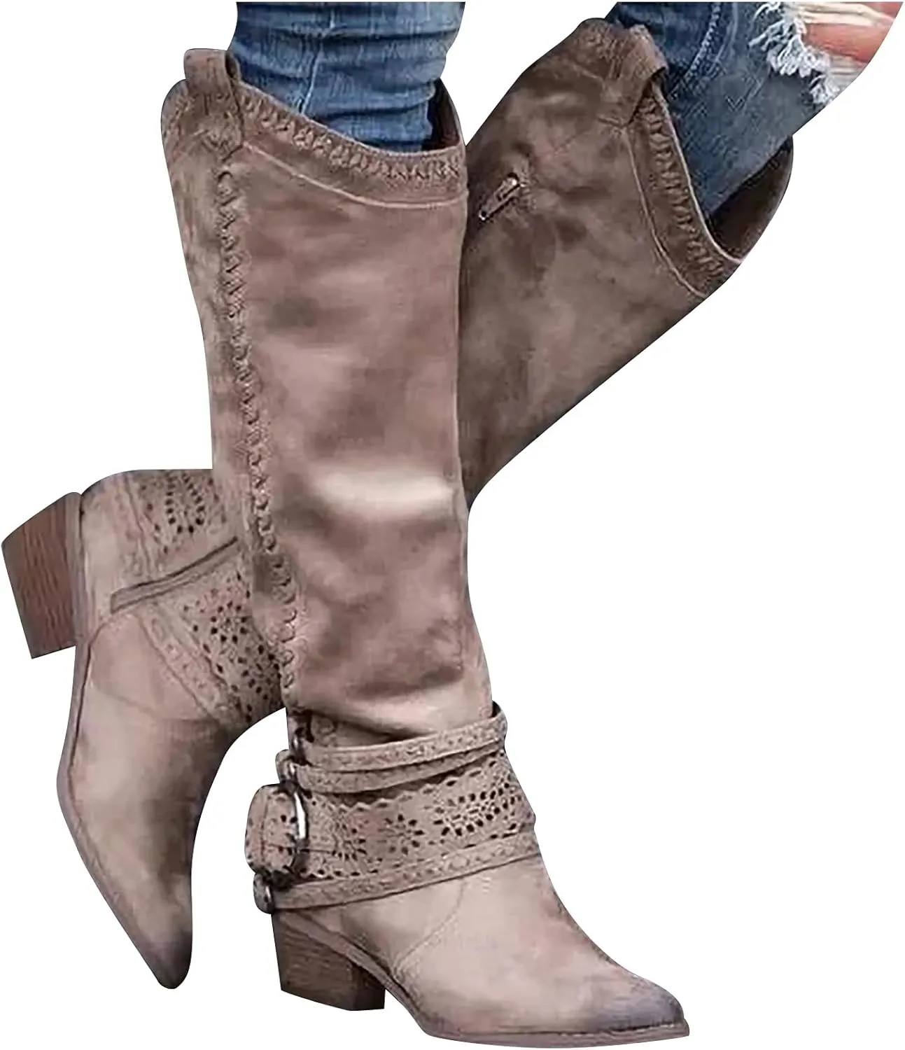 Women Vintage Western Riding Boots Knee High Zipper Boot Chunky Mid Heel Pointed Toe Booties Shoes Warm Boots