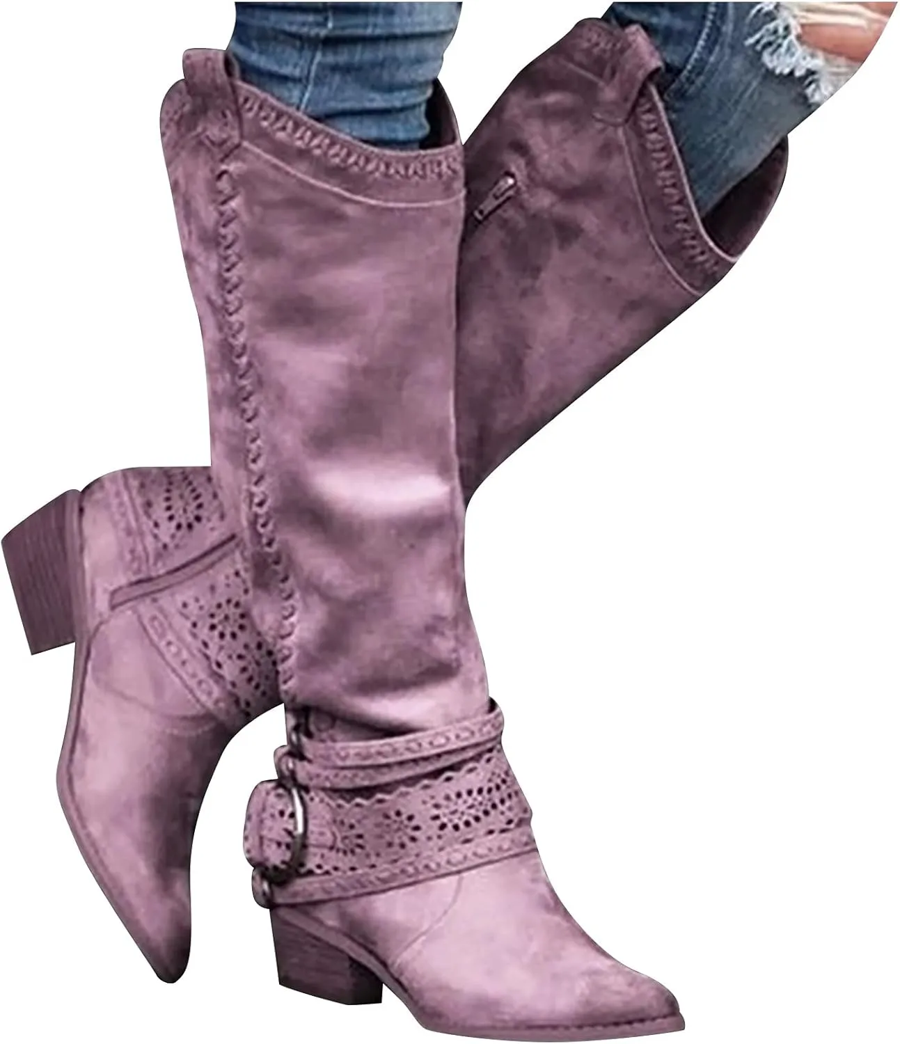 Women Vintage Western Riding Boots Knee High Zipper Boot Chunky Mid Heel Pointed Toe Booties Shoes Warm Boots
