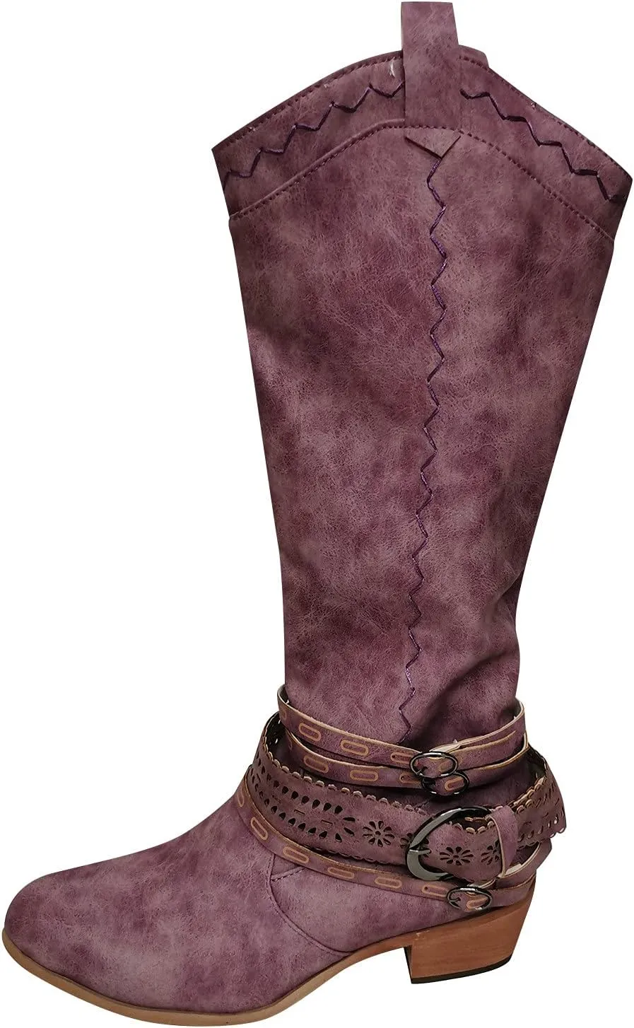 Women Vintage Western Riding Boots Knee High Zipper Boot Chunky Mid Heel Pointed Toe Booties Shoes Warm Boots