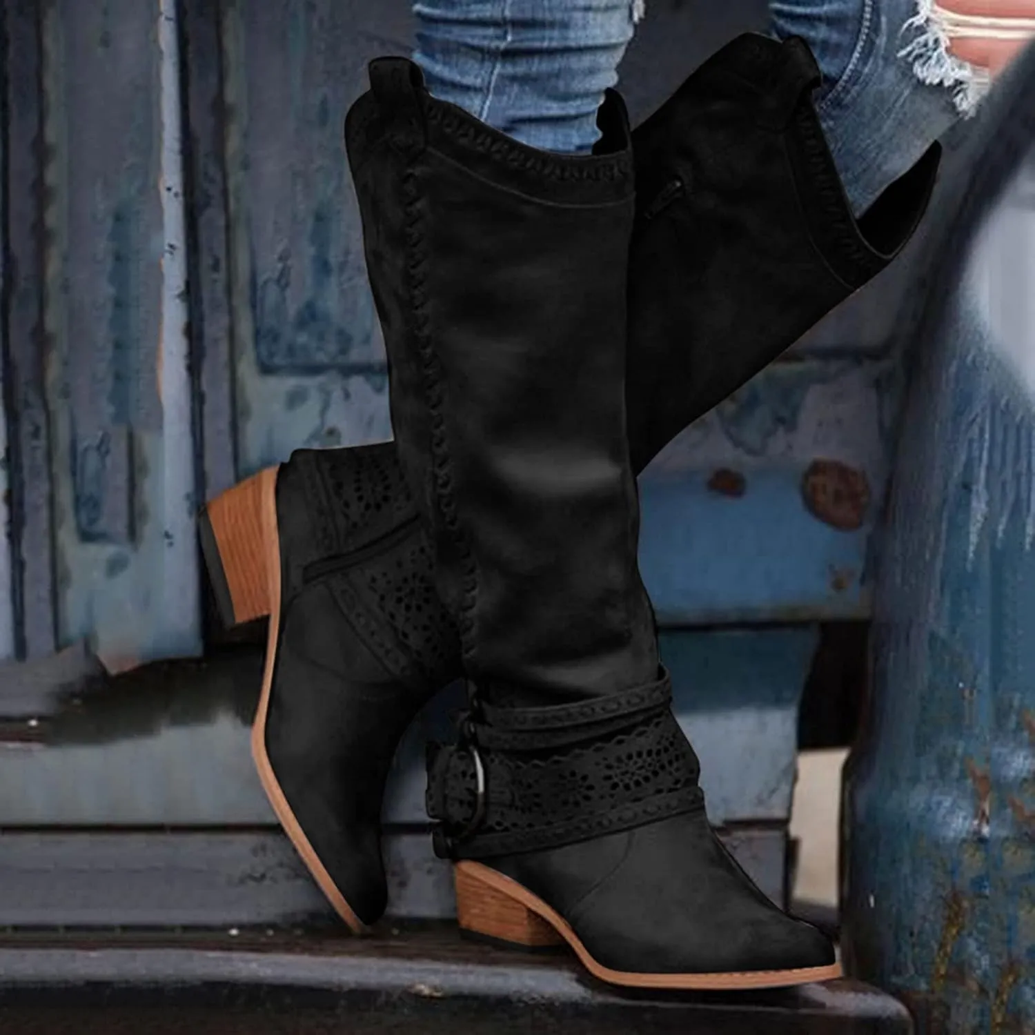 Women Vintage Western Riding Boots Knee High Zipper Boot Chunky Mid Heel Pointed Toe Booties Shoes Warm Boots