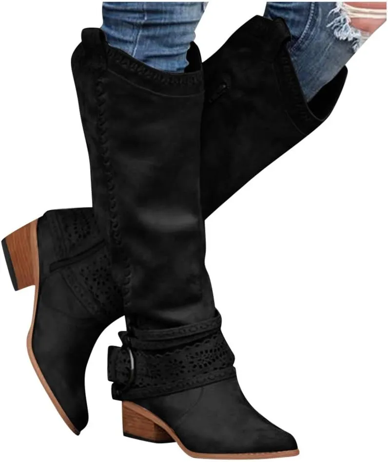 Women Vintage Western Riding Boots Knee High Zipper Boot Chunky Mid Heel Pointed Toe Booties Shoes Warm Boots