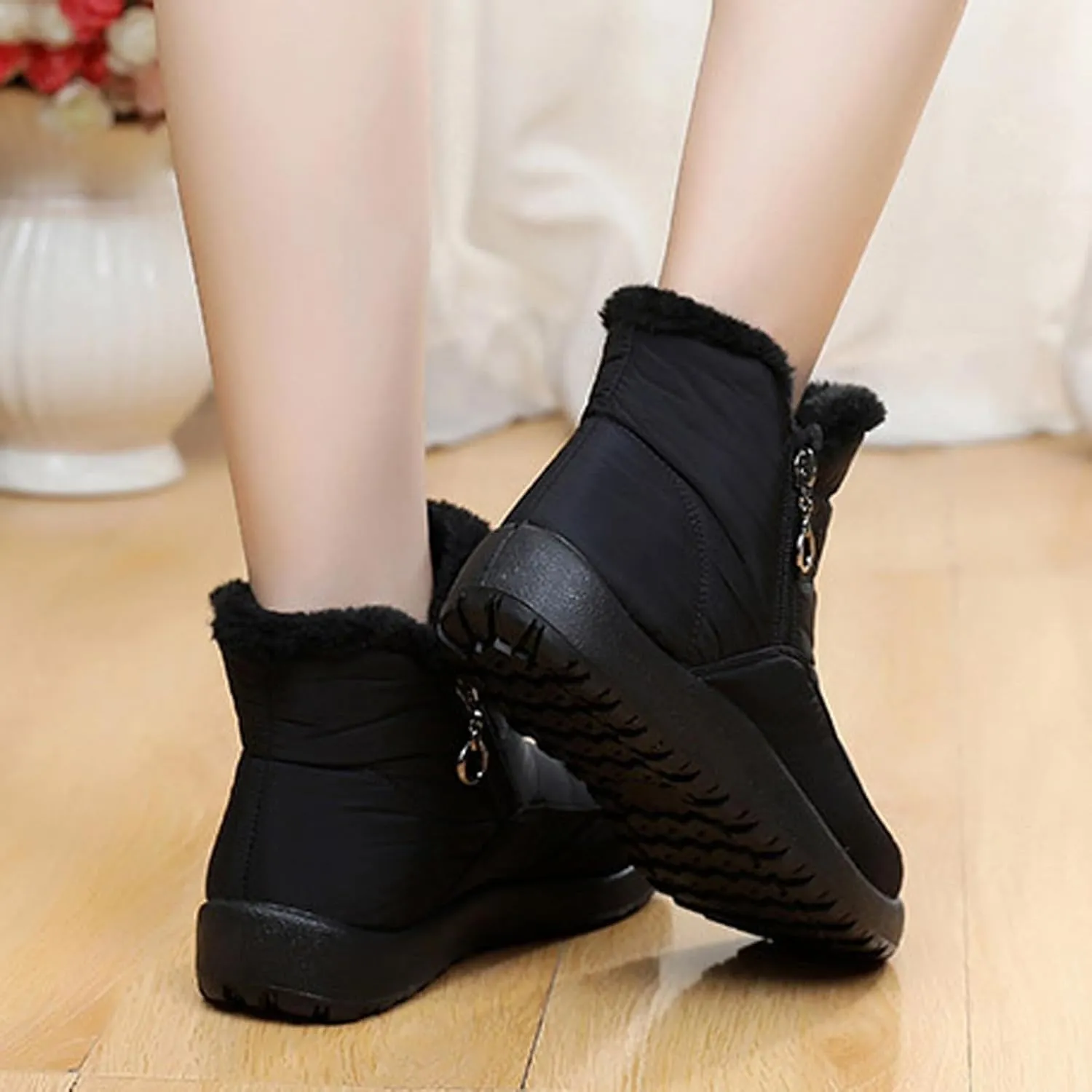 Women Winter Snow Boots Fleece Lined Walking Booties Fashion Flat Bootie Non Slip Outdoor Ankle Short Boot Lightweight Winter Shoes