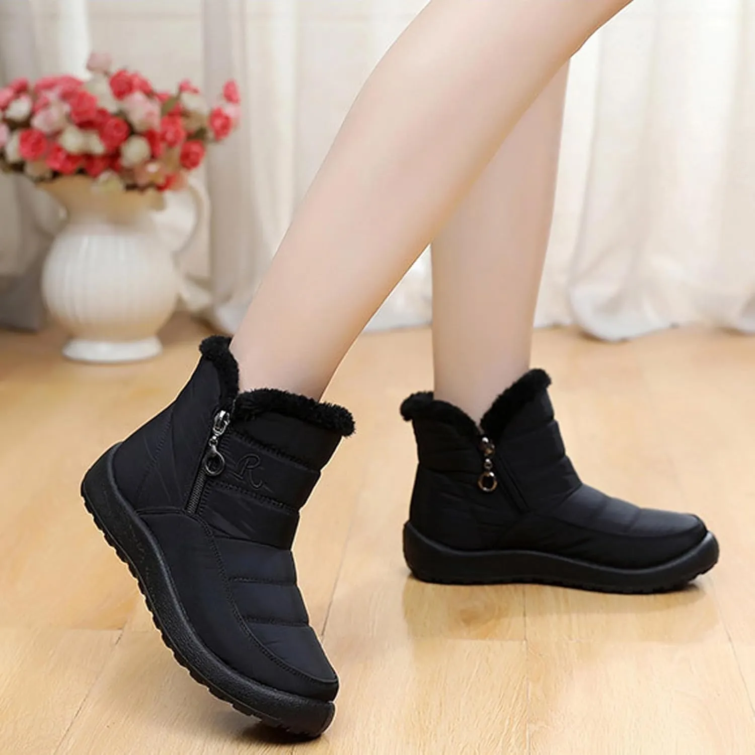 Women Winter Snow Boots Fleece Lined Walking Booties Fashion Flat Bootie Non Slip Outdoor Ankle Short Boot Lightweight Winter Shoes