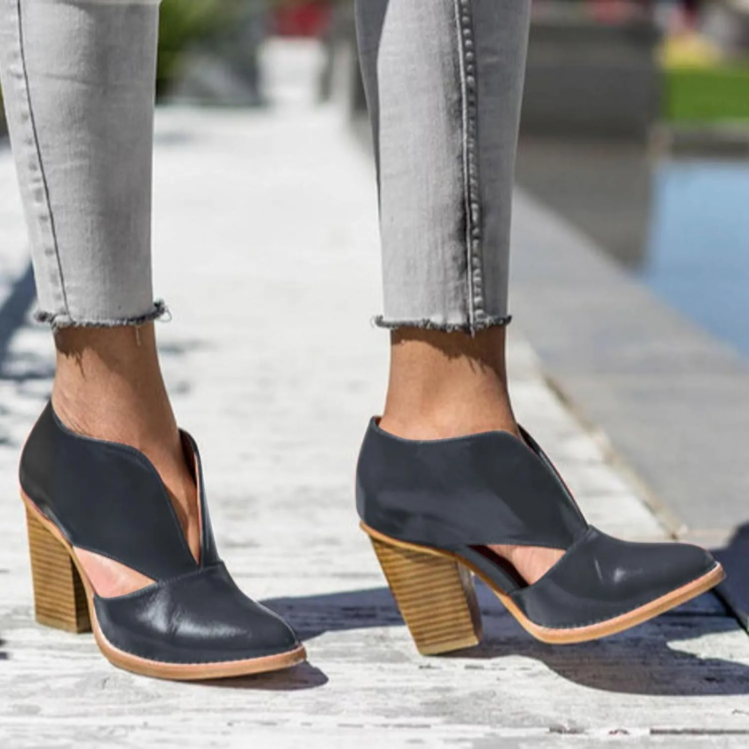 Womens Ankle Boots Chunky Stacked Heel Cut Out Pointed Toe Faux Leather Booties Womens Platform Summer Sandals