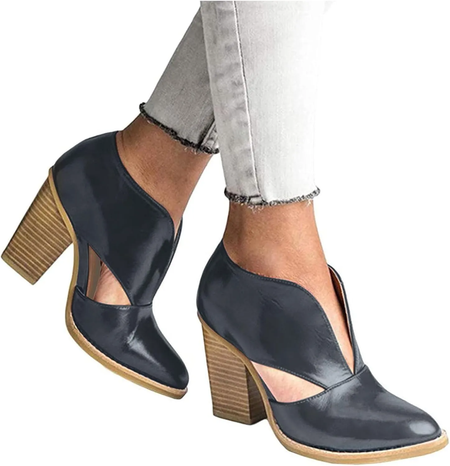 Womens Ankle Boots Chunky Stacked Heel Cut Out Pointed Toe Faux Leather Booties Womens Platform Summer Sandals