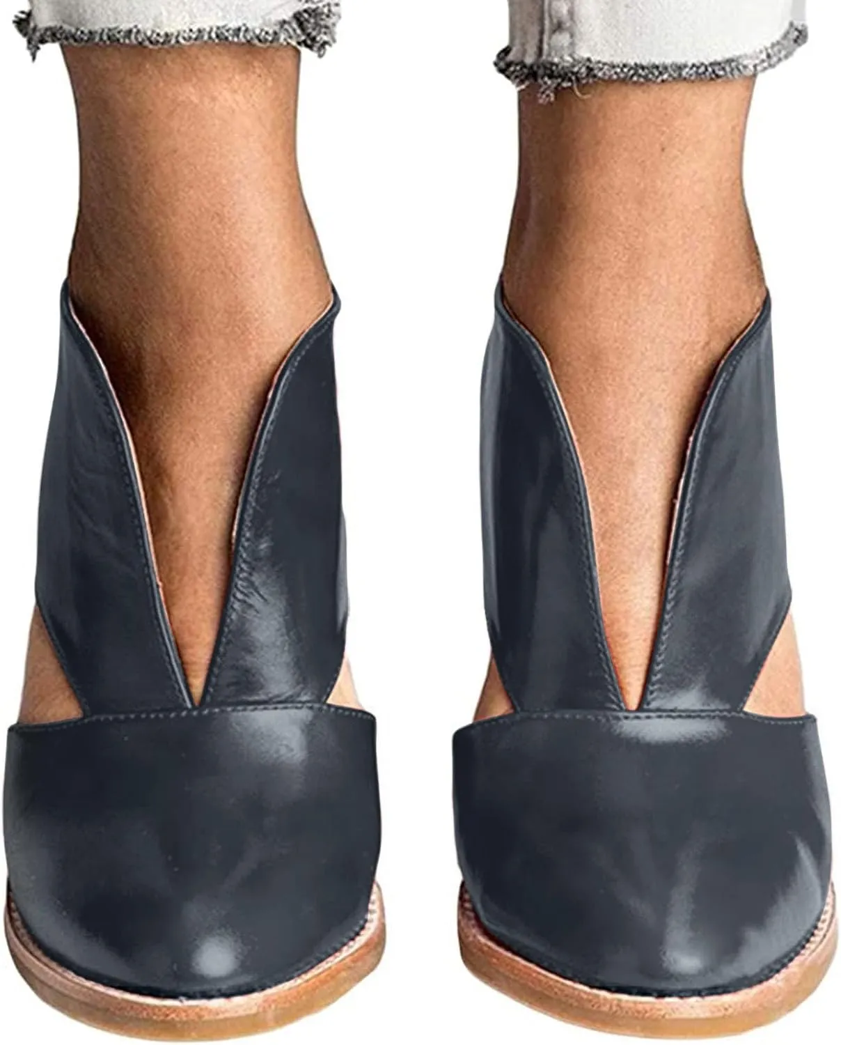 Womens Ankle Boots Chunky Stacked Heel Cut Out Pointed Toe Faux Leather Booties Womens Platform Summer Sandals