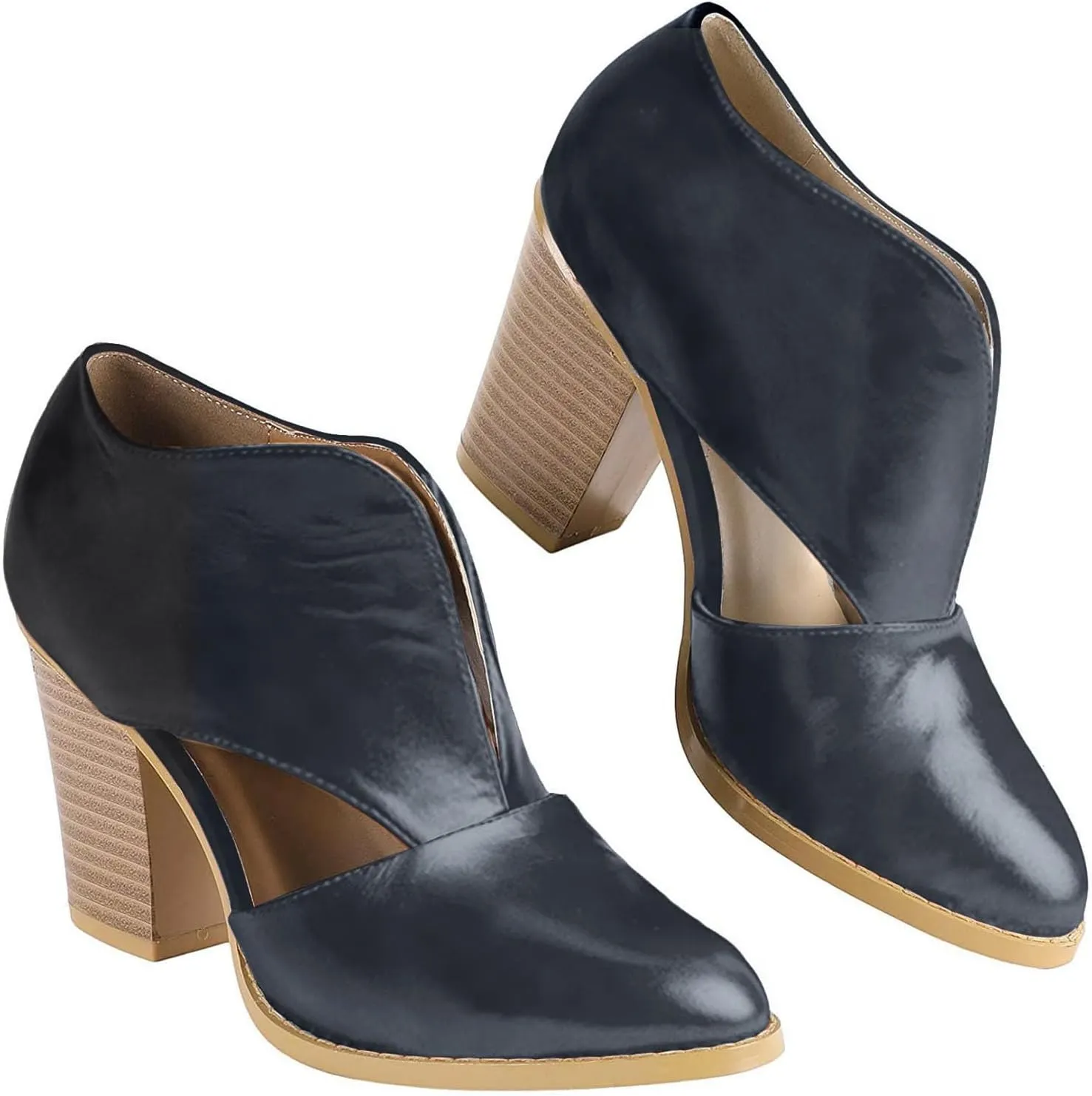 Womens Ankle Boots Chunky Stacked Heel Cut Out Pointed Toe Faux Leather Booties Womens Platform Summer Sandals