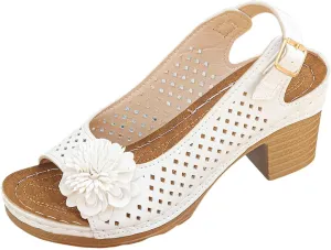 Women's Block Heel Sandals Summer Open Toe Ankle Buckle Strap Chunky Non Slip Casual Solid Color Hollow Out Floral Decor Sandals Lightweight Platform Wedge Fashion Footwear