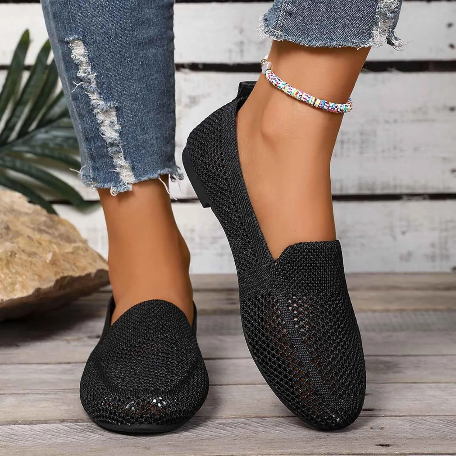 Women's Casual Slip On Shoes Breathable Knit Mesh Flat Comfortable Walking Loafers Daily Wear with Sandals Women Summer
