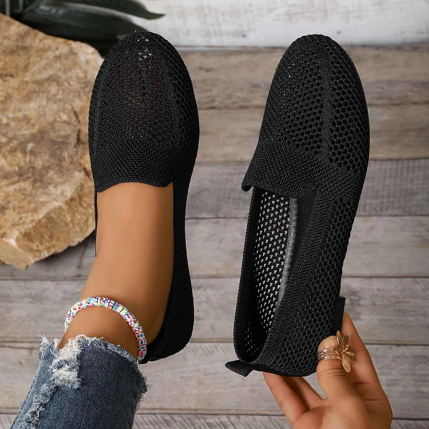 Women's Casual Slip On Shoes Breathable Knit Mesh Flat Comfortable Walking Loafers Daily Wear with Sandals Women Summer