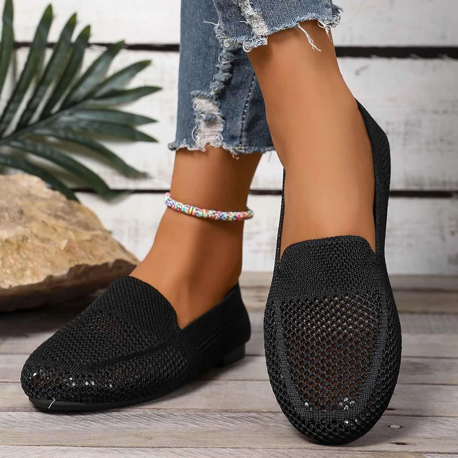 Women's Casual Slip On Shoes Breathable Knit Mesh Flat Comfortable Walking Loafers Daily Wear with Sandals Women Summer