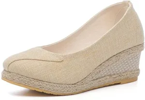 Women's Closed Toe Espadrilles Wedge Sandals Round Slip On Comfy Platform Pumps Shoes Solid Color Pointed Comfortable Canvas Wide Width Sandal Shoes Dressy Casual Summer Espadrille Wedges