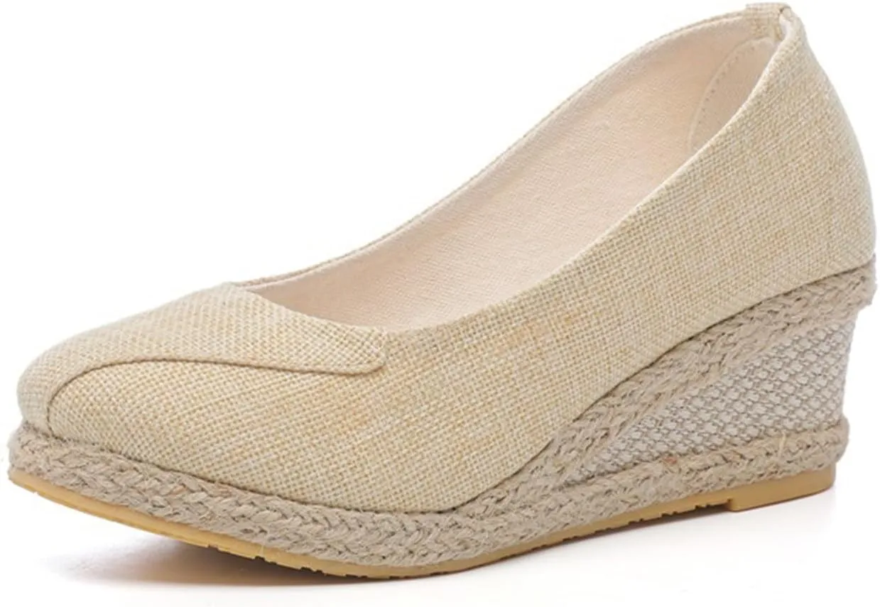 Women's Closed Toe Espadrilles Wedge Sandals Round Slip On Comfy Platform Pumps Shoes Solid Color Pointed Comfortable Canvas Wide Width Sandal Shoes Dressy Casual Summer Espadrille Wedges