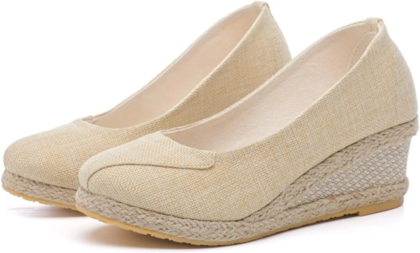 Women's Closed Toe Espadrilles Wedge Sandals Round Slip On Comfy Platform Pumps Shoes Solid Color Pointed Comfortable Canvas Wide Width Sandal Shoes Dressy Casual Summer Espadrille Wedges