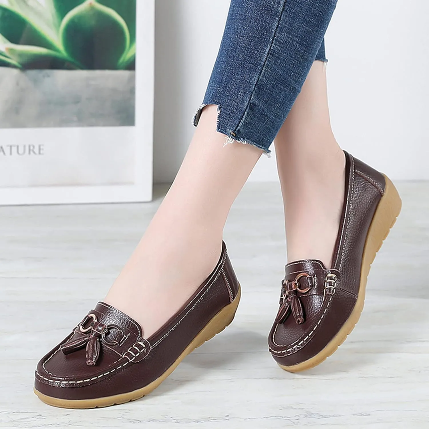 Womens Comfort Walking Flat Loafer Slip On Leather Loafer Comfortable Flat Shoes Outdoor Driving Womens Reefs Size 8