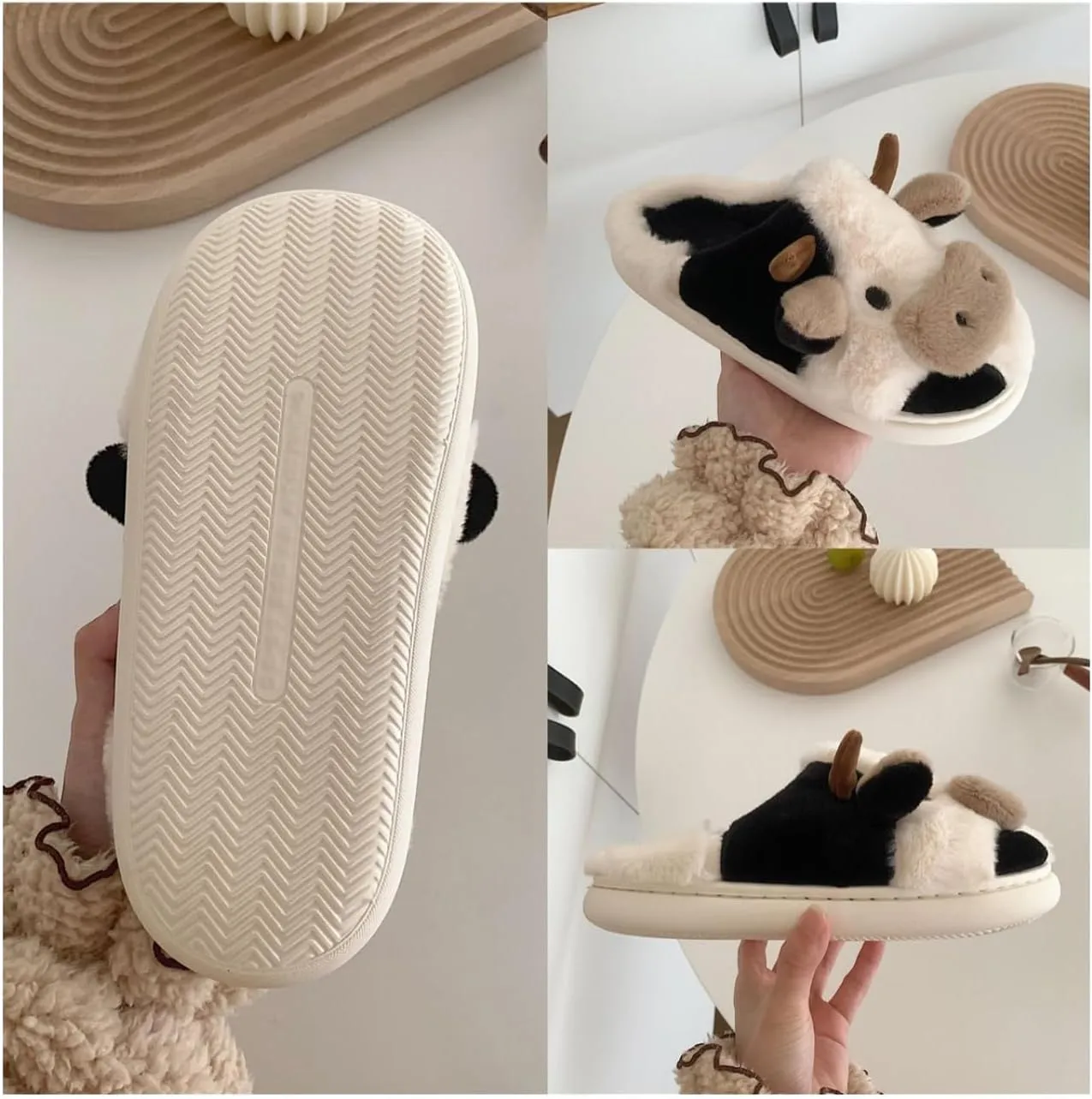 Women's Cozy Plush Cartoon Cow Slippers - Cute Animal Indoor Outdoor Home Fuzzy Warm Footwear