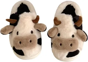 Women's Cozy Plush Cartoon Cow Slippers - Cute Animal Indoor Outdoor Home Fuzzy Warm Footwear