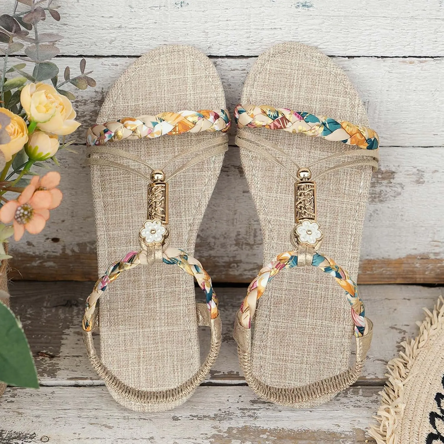 Women's Floral Print Flat Sandals 2025 Fashion Open Toe Elastic T-Strap Bohemian Comfortable Ankle Strap Sandals Summer Backless Mules Slide Walking Shoes for Daily Wear