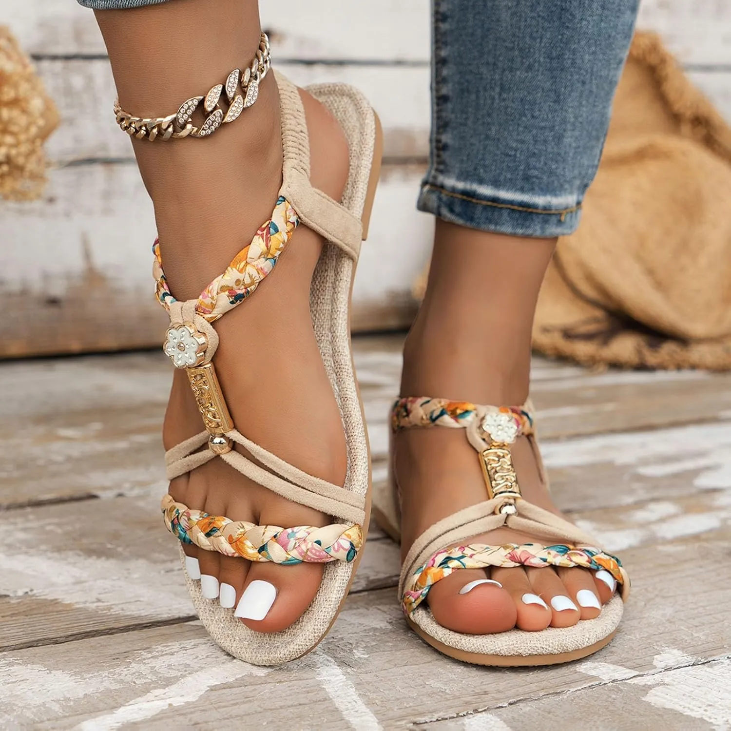 Women's Floral Print Flat Sandals 2025 Fashion Open Toe Elastic T-Strap Bohemian Comfortable Ankle Strap Sandals Summer Backless Mules Slide Walking Shoes for Daily Wear