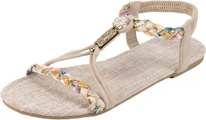 Women's Floral Print Flat Sandals 2025 Fashion Open Toe Elastic T-Strap Bohemian Comfortable Ankle Strap Sandals Summer Backless Mules Slide Walking Shoes for Daily Wear