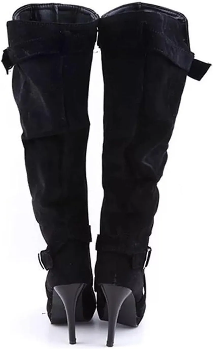 Women's Knee High Boots Platform High Heel Boots Mid Calf Dress Boots Side Zipper Round Toe Fashion Winter Boots