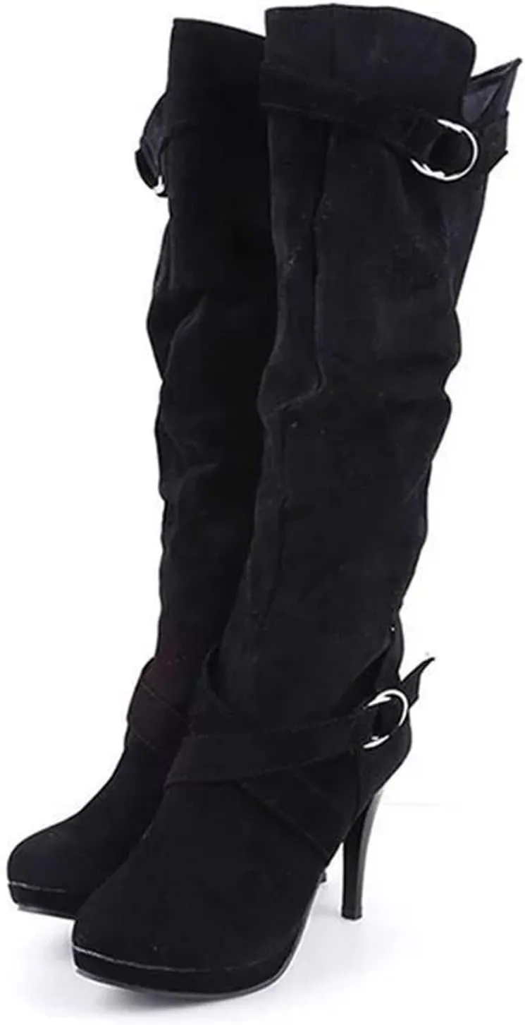 Women's Knee High Boots Platform High Heel Boots Mid Calf Dress Boots Side Zipper Round Toe Fashion Winter Boots