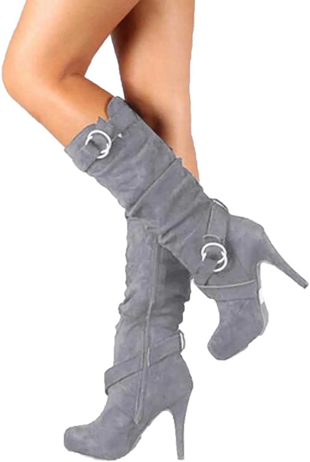 Women's Knee High Boots Platform High Heel Boots Mid Calf Dress Boots Side Zipper Round Toe Fashion Winter Boots