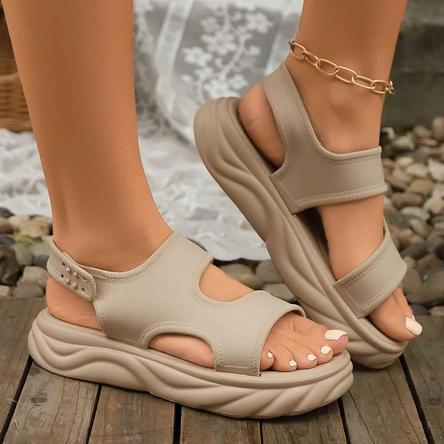 Women's Open Toe Platform Sport Sandals Summer Outdoor Wedge Orthotic Walking Casual Beach Sandals with Fuzz