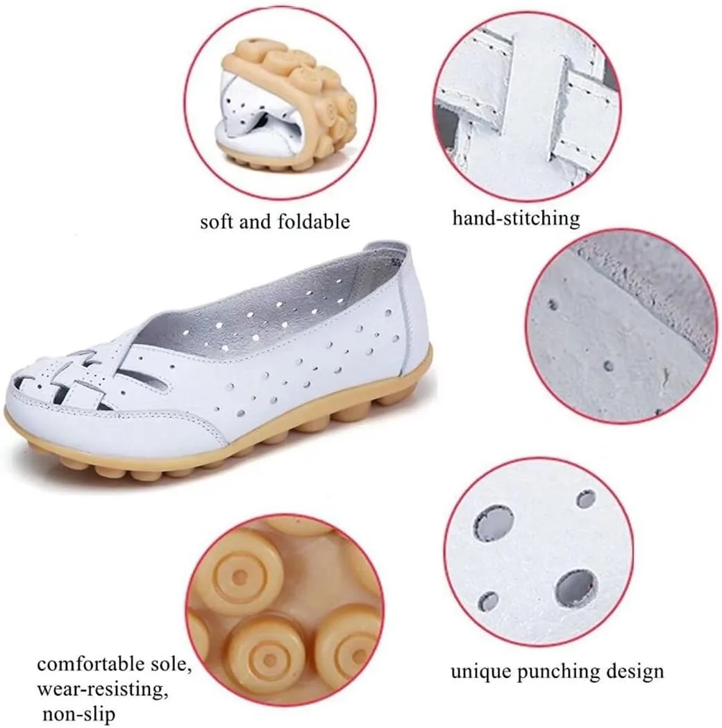 Womens Orthopedic Loafers in Breathable Leather Comfortable Hollow Soft Flats Sandals Summer Casual Slip-On Shoes Cutout Sole Slide Sports 2025 Comfort Sandals Out Round Toe Fashion Loafer