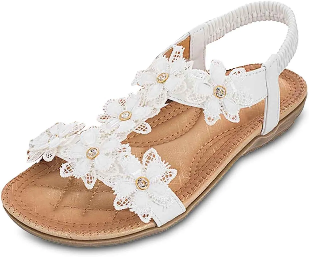 Womens Sandals with Flower Grabbing t-Straps - Casuals Womens Sandals with Stretch Back Strap Heels for Women