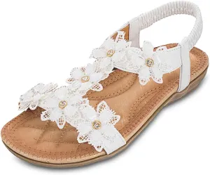Womens Sandals with Flower Grabbing t-Straps - Casuals Womens Sandals with Stretch Back Strap Heels for Women