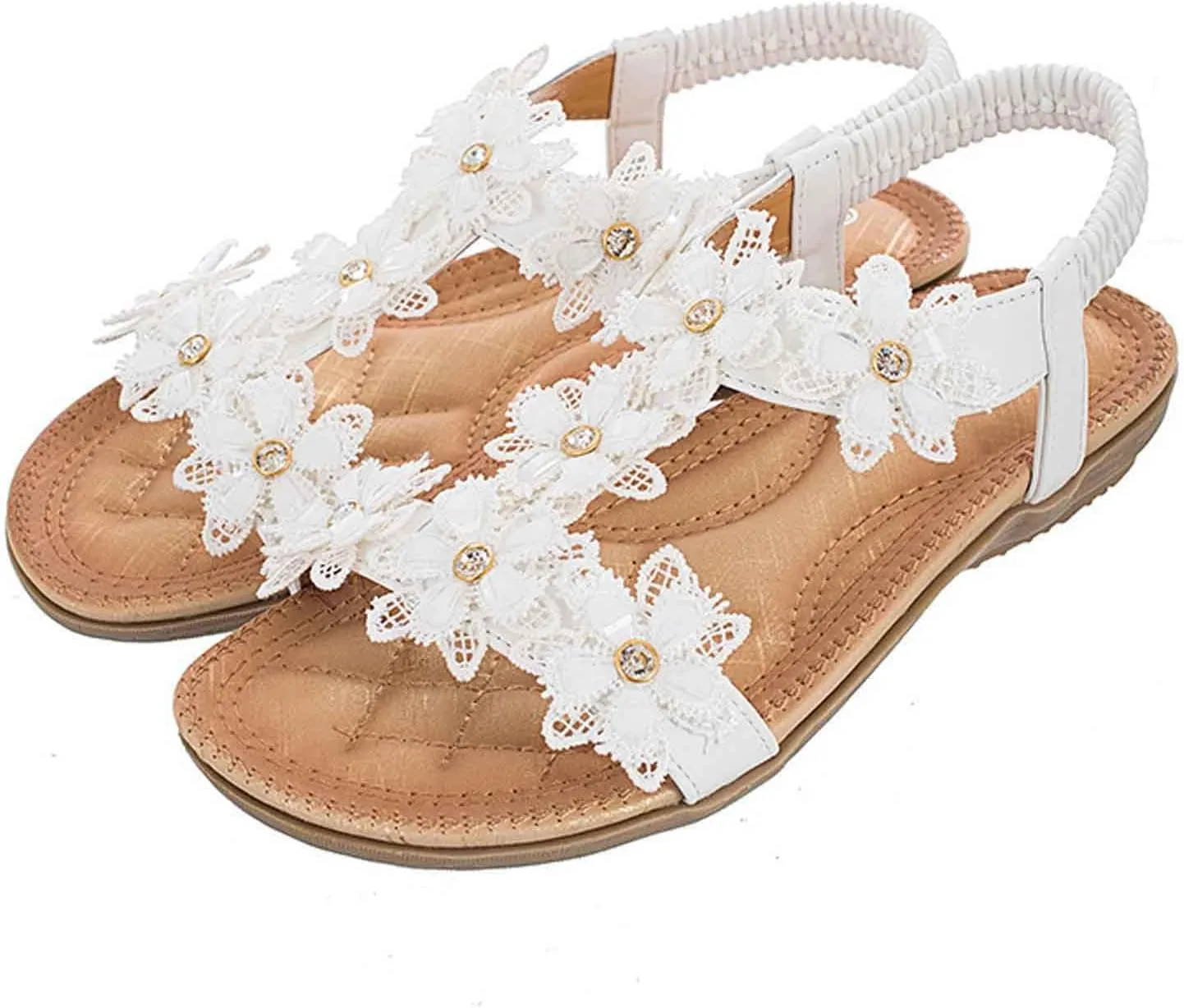 Womens Sandals with Flower Grabbing t-Straps - Casuals Womens Sandals with Stretch Back Strap Heels for Women