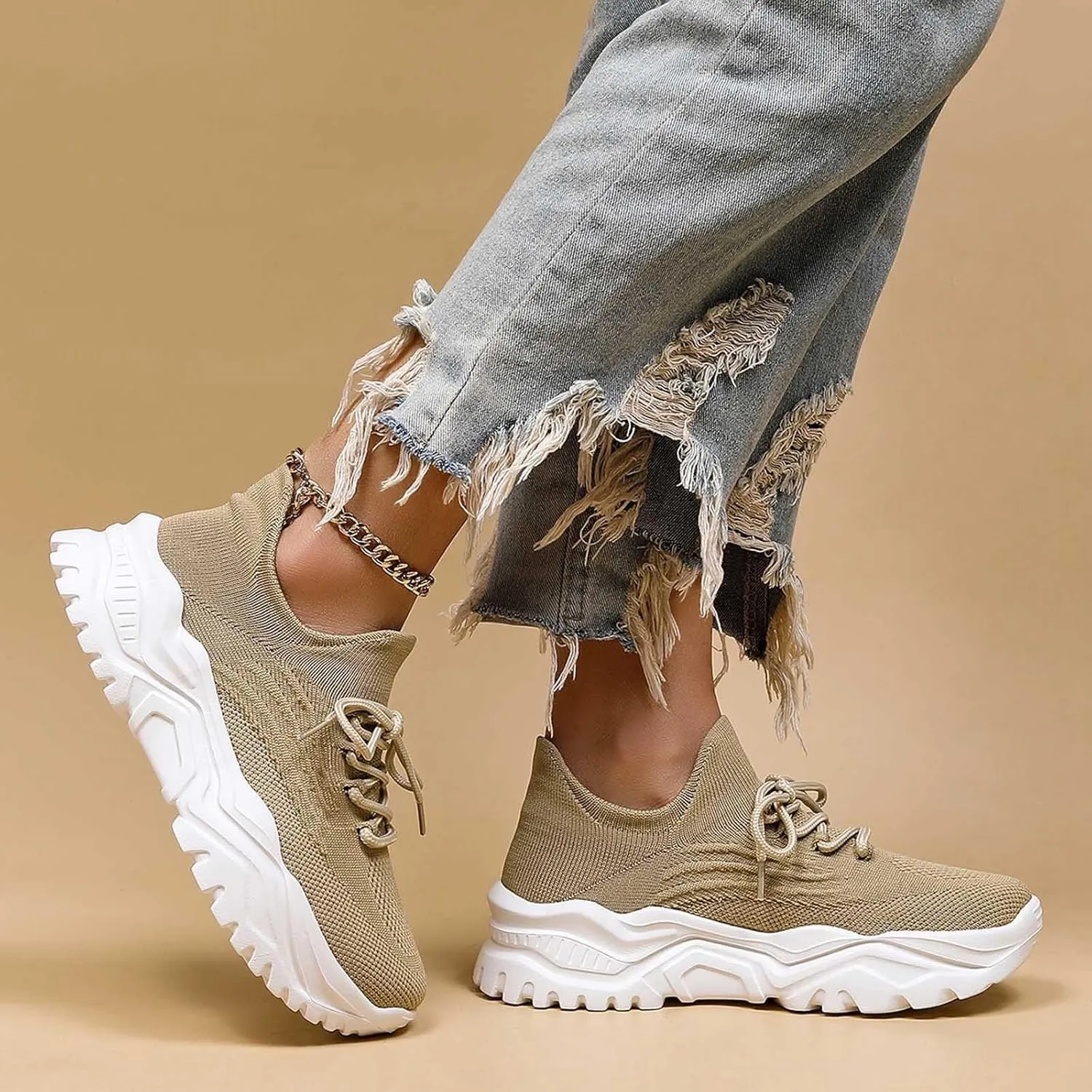 Women's Solid Color Fashion Four Season Lace Up Sneakers Solid Color Flying Woven Running Shoes Women's Water Shoes