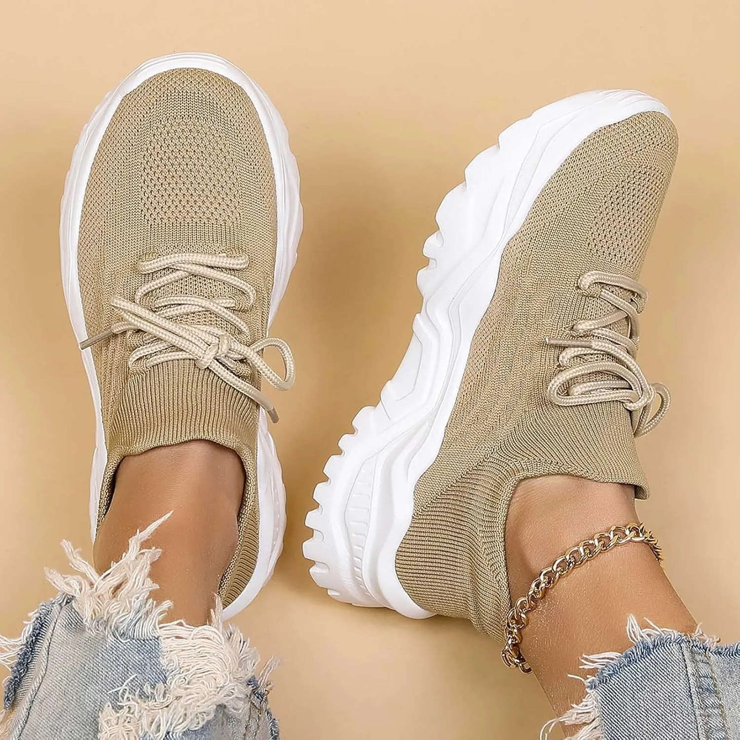 Women's Solid Color Fashion Four Season Lace Up Sneakers Solid Color Flying Woven Running Shoes Women's Water Shoes