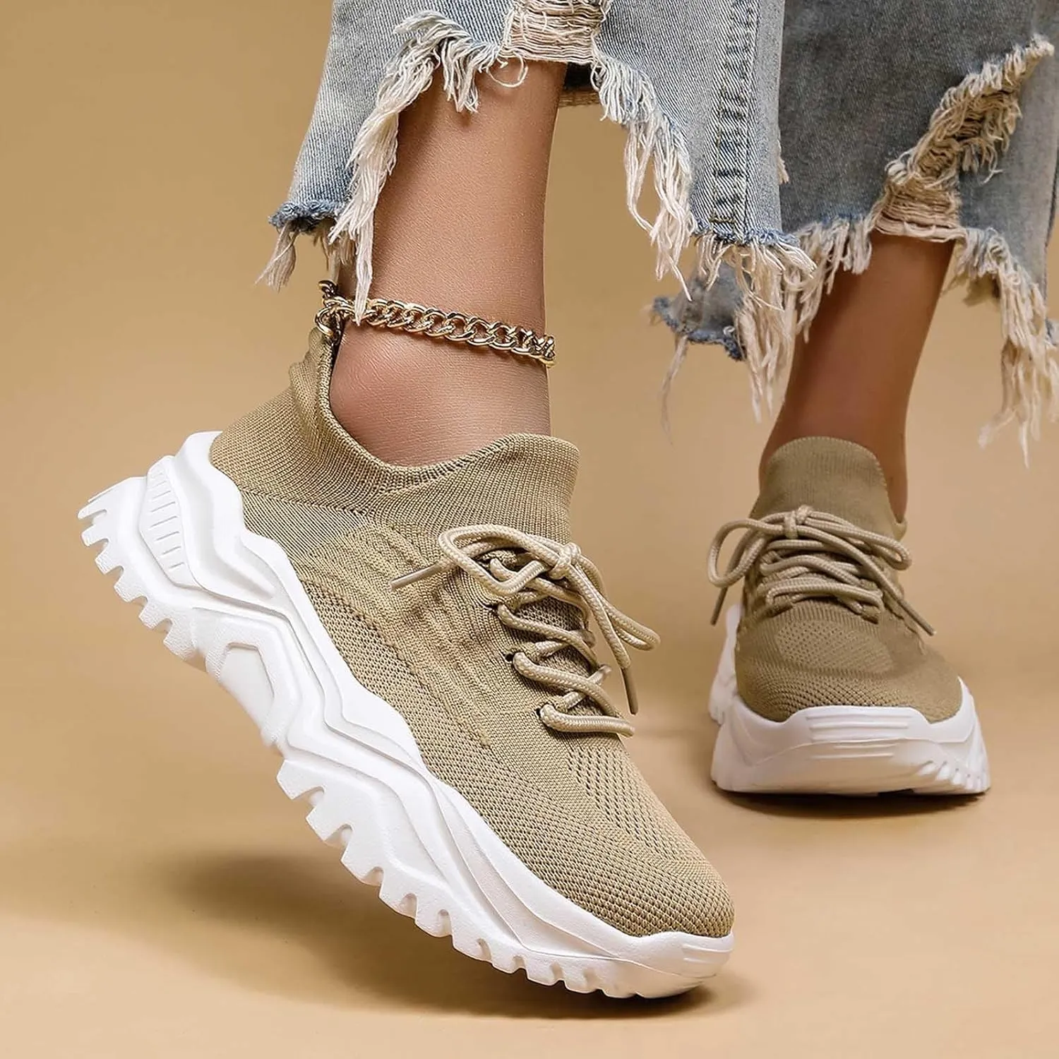 Women's Solid Color Fashion Four Season Lace Up Sneakers Solid Color Flying Woven Running Shoes Women's Water Shoes