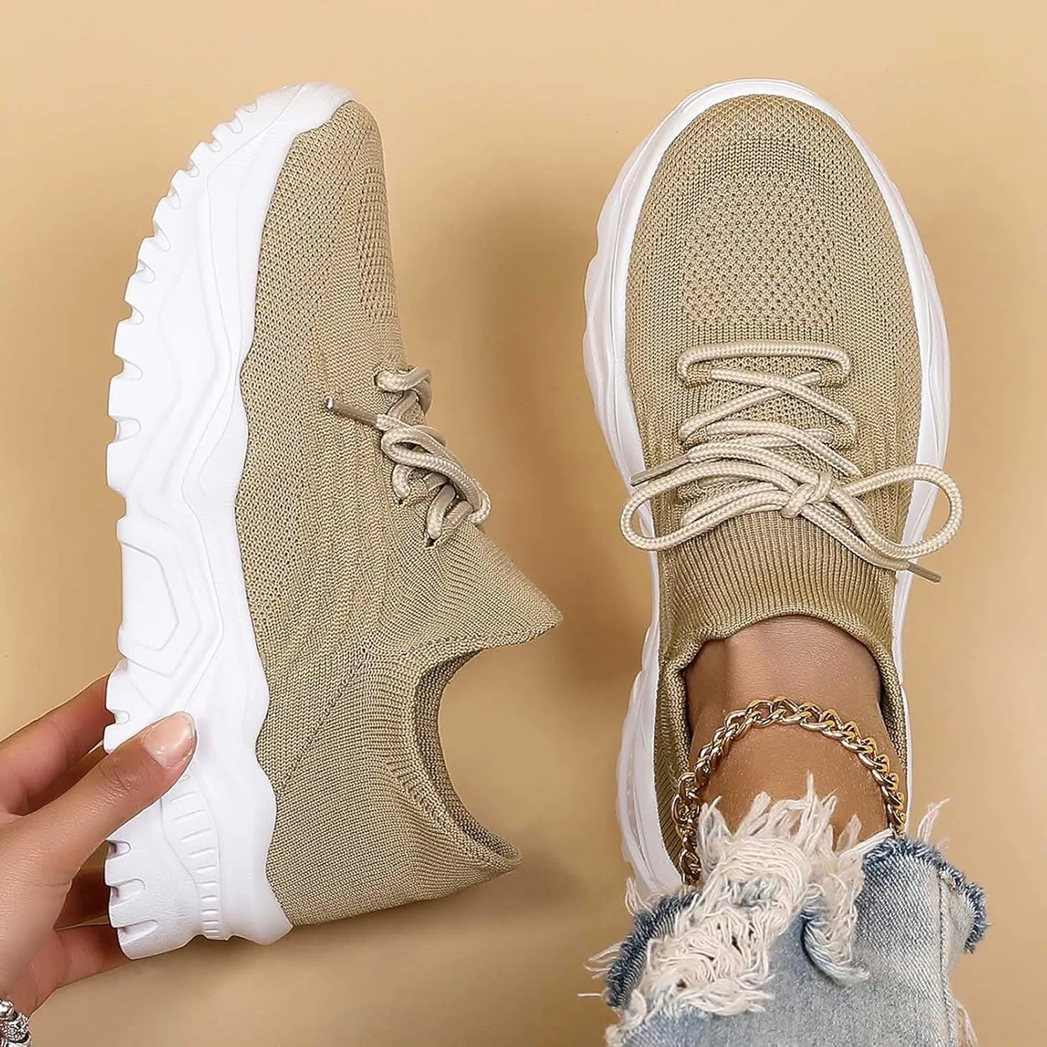 Women's Solid Color Fashion Four Season Lace Up Sneakers Solid Color Flying Woven Running Shoes Women's Water Shoes