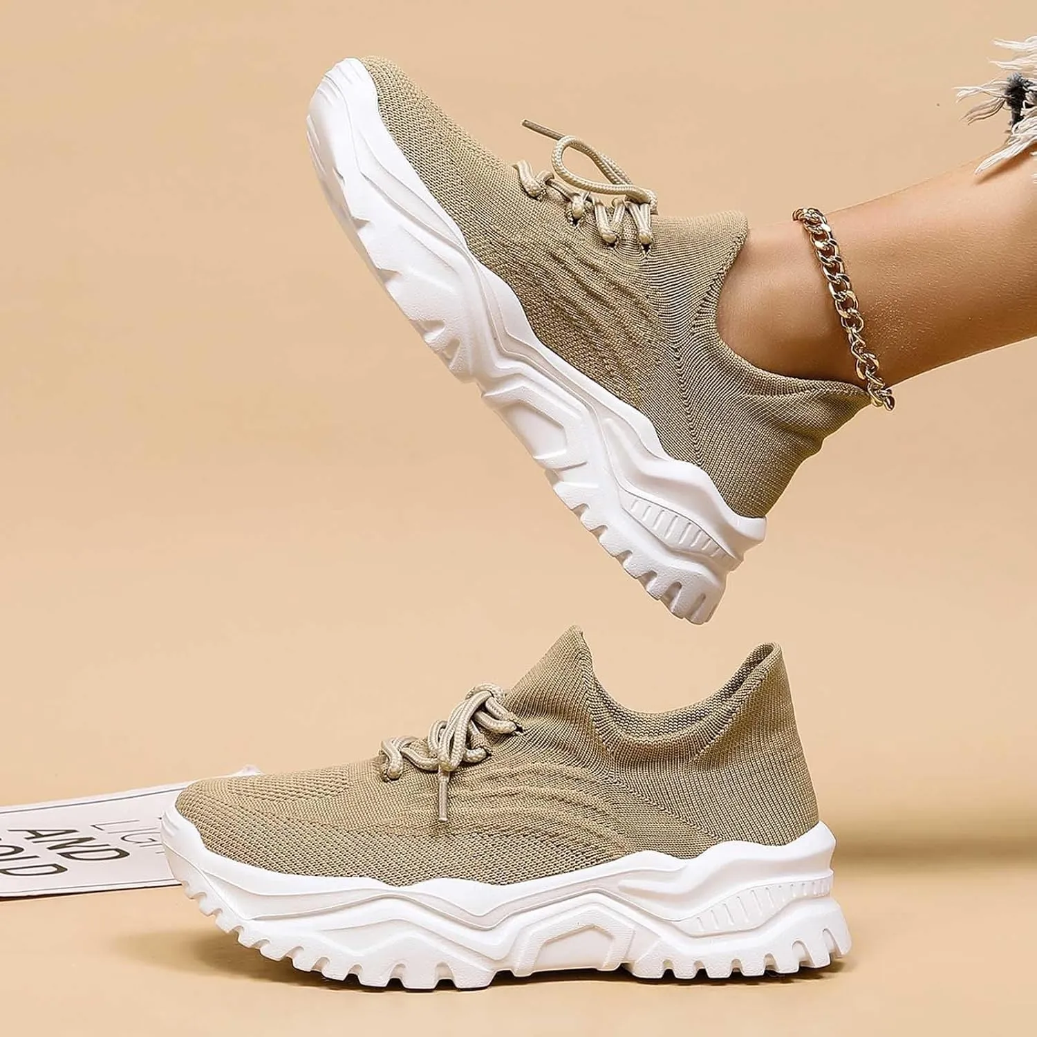 Women's Solid Color Fashion Four Season Lace Up Sneakers Solid Color Flying Woven Running Shoes Women's Water Shoes