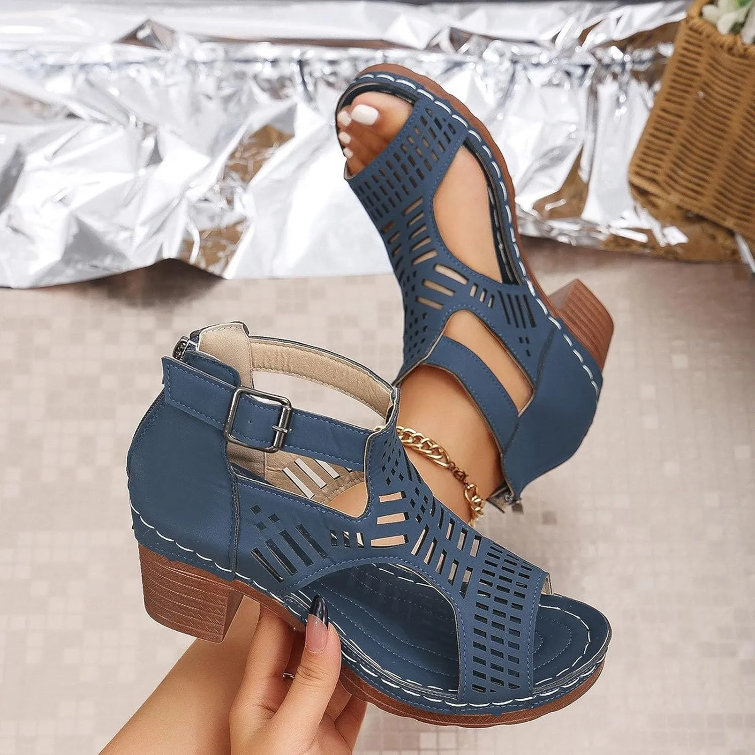Women's Summer Fashion Leather Hollowed Out Platform Wedge Sandals Temperament Comfortable Womens Fuzzy Sandals Size 8
