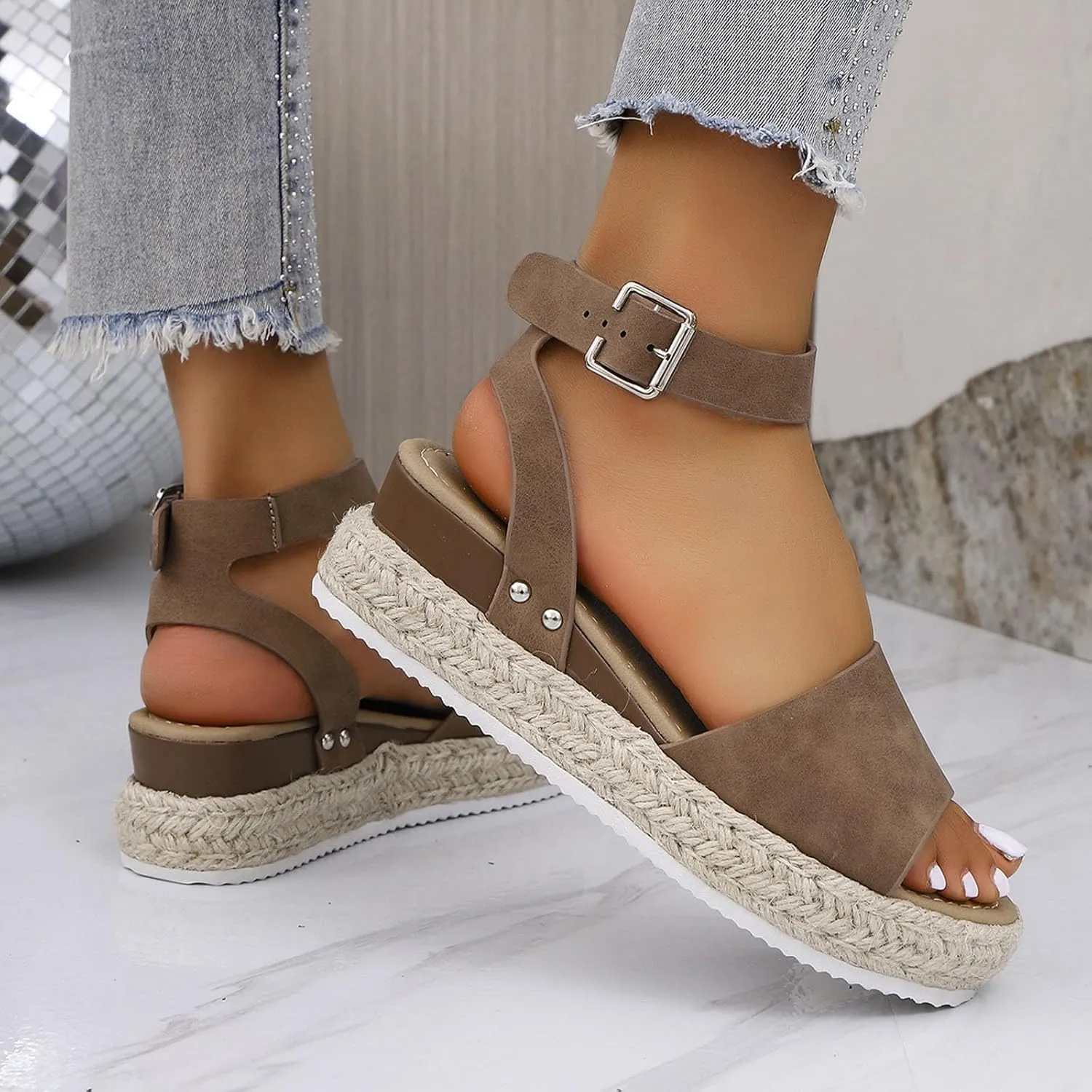 Women's Summer Sandals Open Toe Leather Wedge Heel Casual Outdoor Vacation Shoes Comfortable For Jeans And Dresses