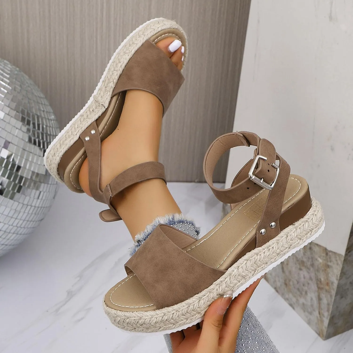 Women's Summer Sandals Open Toe Leather Wedge Heel Casual Outdoor Vacation Shoes Comfortable For Jeans And Dresses