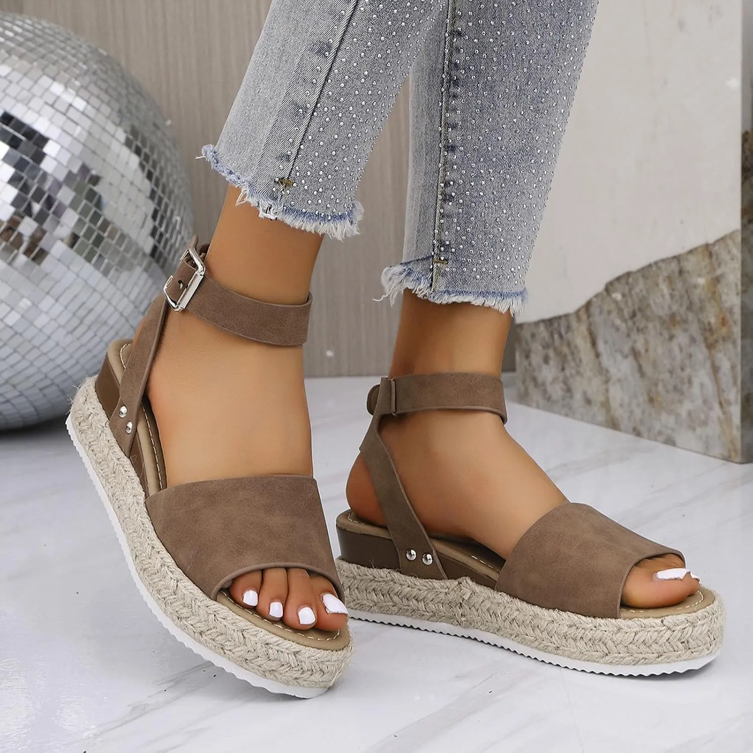 Women's Summer Sandals Open Toe Leather Wedge Heel Casual Outdoor Vacation Shoes Comfortable For Jeans And Dresses