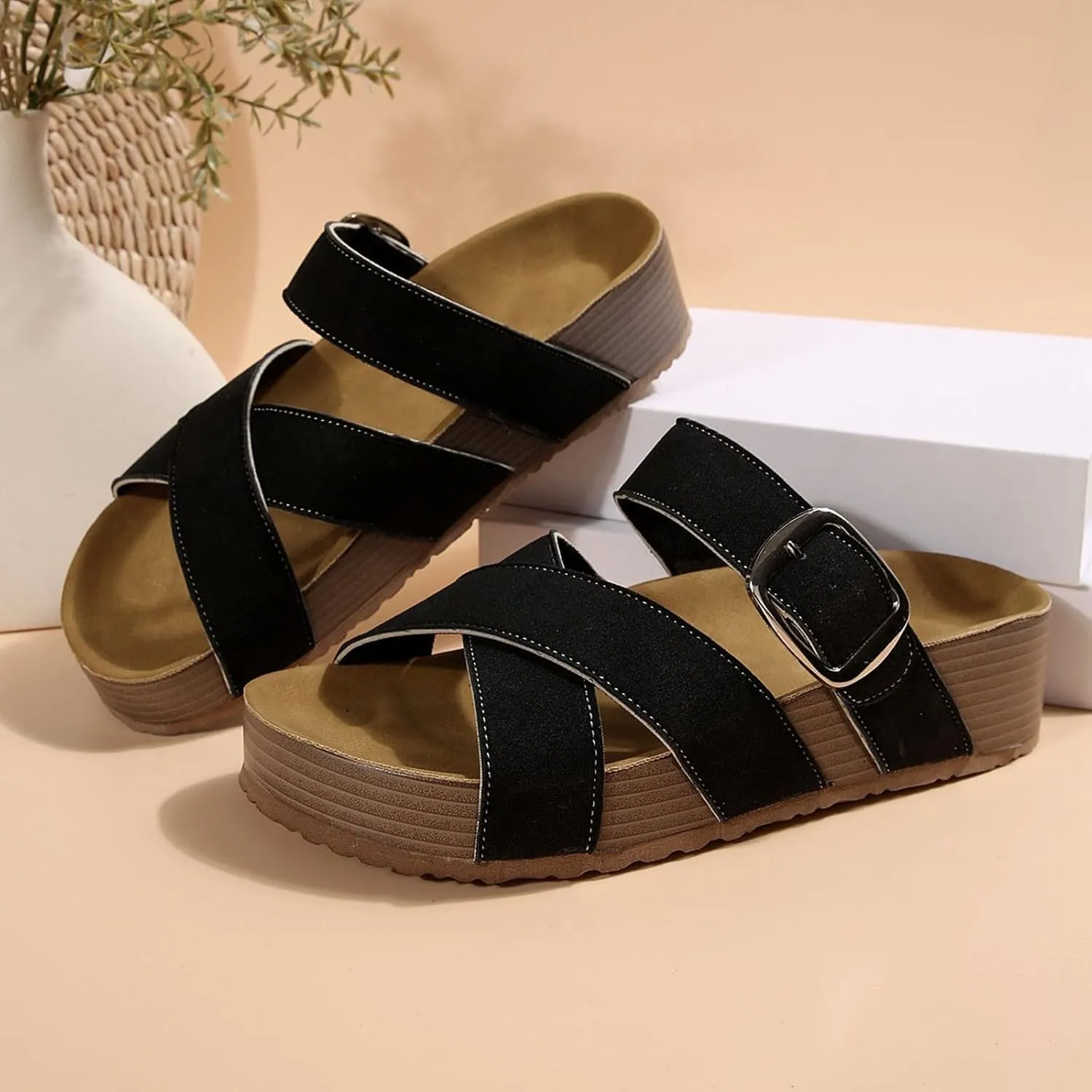 Women's Summer Slide Sandals Comfortable Thick Platform Casual Beach Vacation Wide Fit Flat Strappy Footwear
