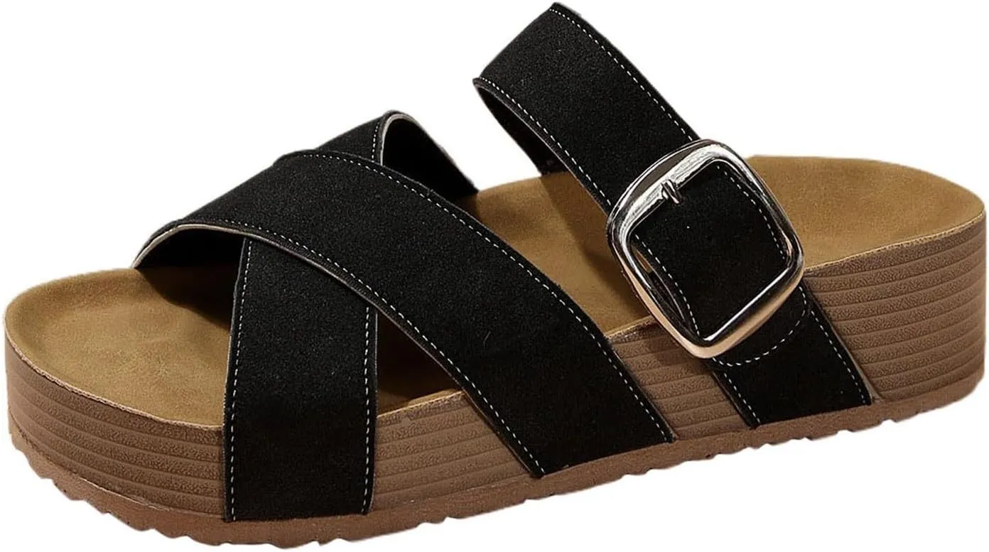Women's Summer Slide Sandals Comfortable Thick Platform Casual Beach Vacation Wide Fit Flat Strappy Footwear