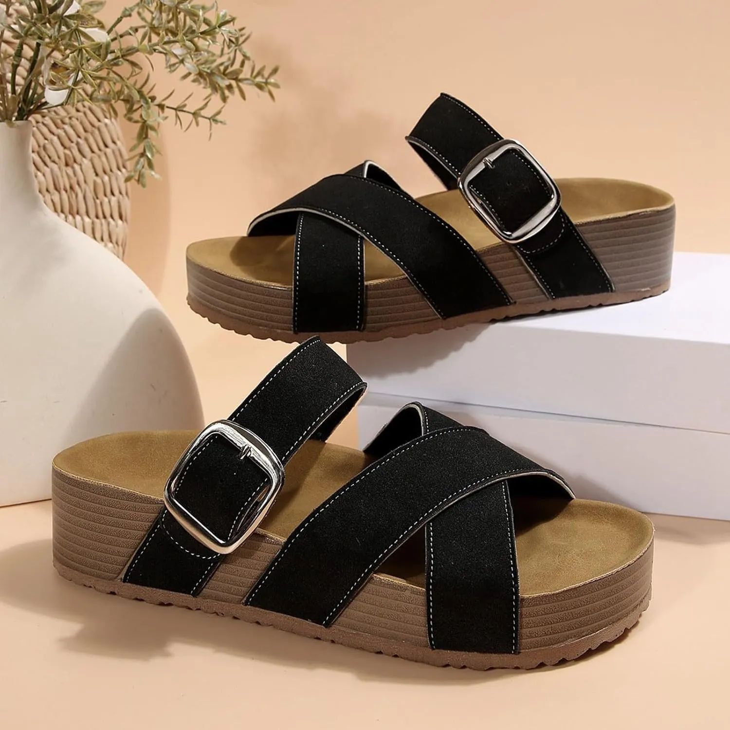 Women's Summer Slide Sandals Comfortable Thick Platform Casual Beach Vacation Wide Fit Flat Strappy Footwear
