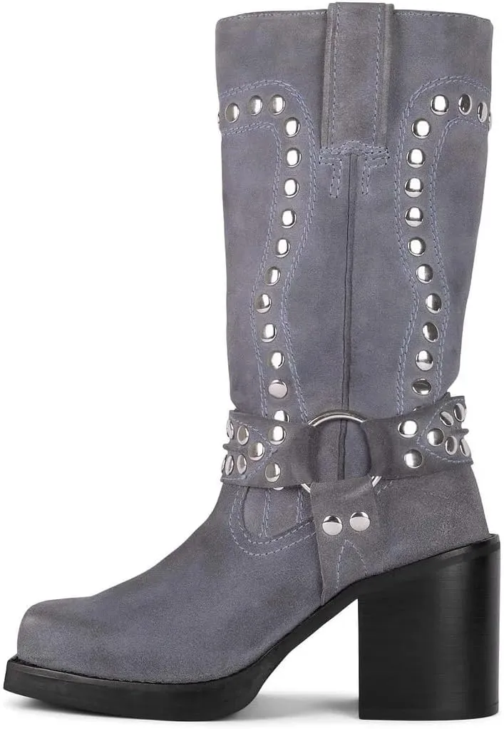 Women's Western Riding Boots Mid Calf Fashion Buckle Square Toe Chunky Heel Wide Calf Biker Boots Motorcycle Pull On Boots