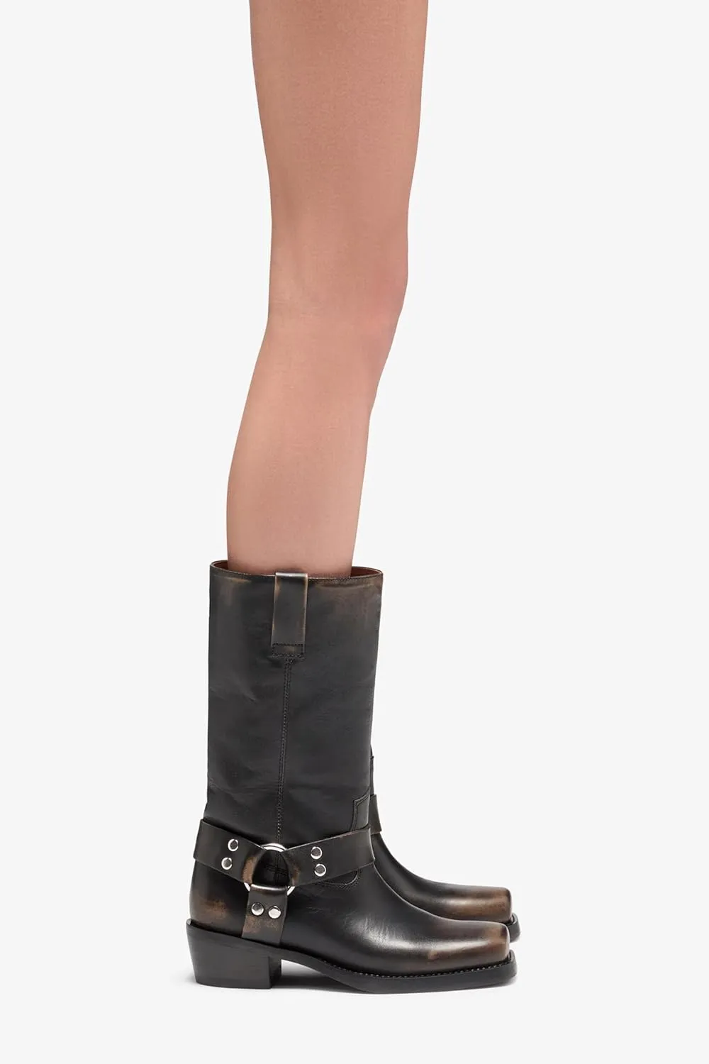 Women's Western Riding Boots Mid Calf Fashion Buckle Square Toe Chunky Heel Wide Calf Biker Boots Motorcycle Pull On Boots
